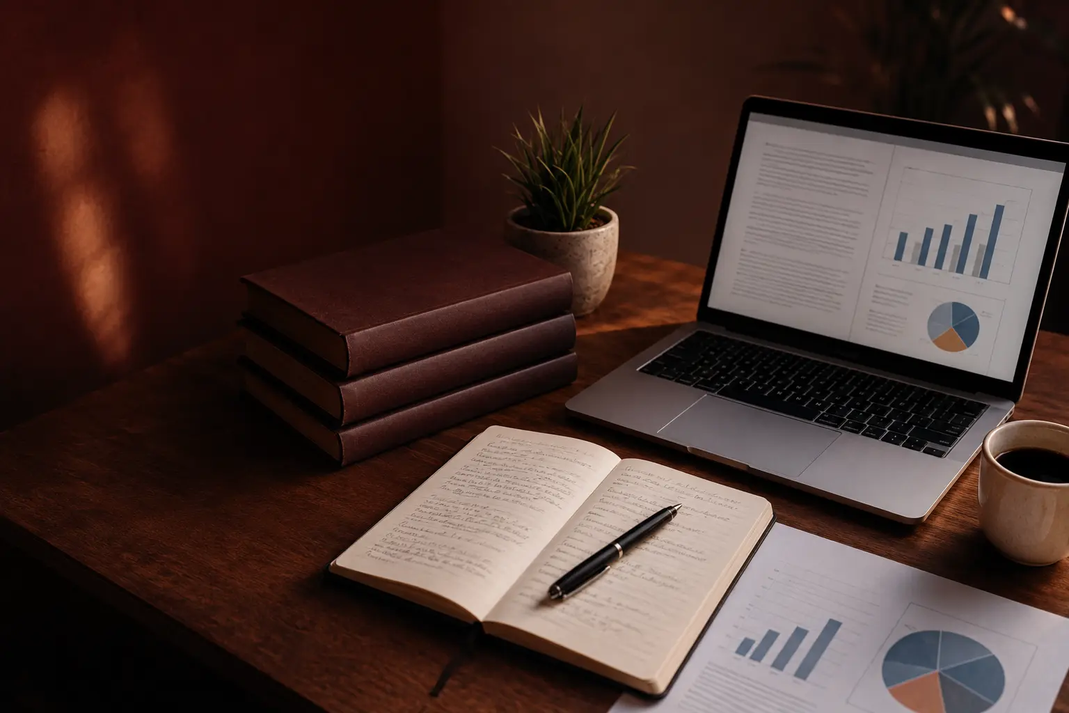 Meja kerja akademik dengan laptop, buku, catatan, dan visualisasi data